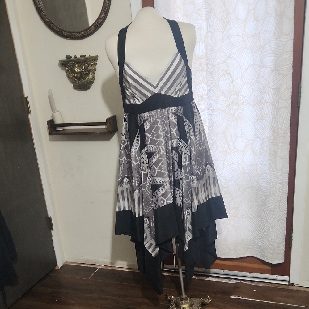 BCBGMaxAzria Black and Gray Dress Hankerchief Hem NWT Size Med Beach Boho